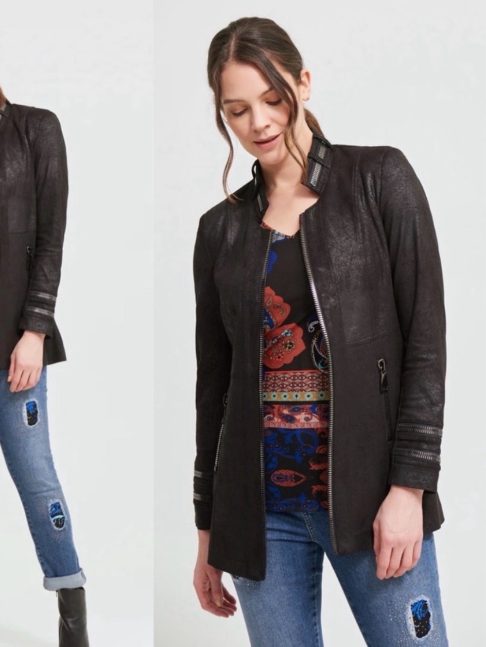 Joseph Ribkoff Black Leather-Effect Zip Jacket